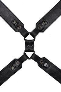 A 2" wide ARMY OF MEN black leather Commander X harness with matte black metal hardware, laid flat and displaying the lining.