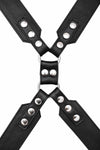 A 2" wide ARMY OF MEN black leather chest harness with stainless steel hardware, laid flat and captured from above.