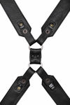 ARMY OF MEN 2" wide black leather Commander X harness with stainless steel O-rings, displayed flat and displaying the lining.