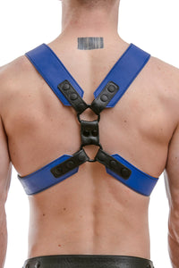 A chiselled model in a 2" wide ARMY OF MEN blue and black leather chest harness with matte black hardware, back view.