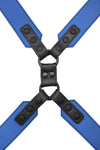 Flat lay view of a 2" wide ARMY OF MEN blue and black leather harness with matte black hardware.