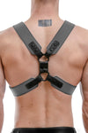 Back shot of chiselled model in a 2" wide ARMY OF MEN COMMANDER X HARNESS - Grey with matte black hardware.