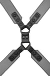 A 2" wide ARMY OF MEN COMMANDER X HARNESS - Grey with matte black snaps, laid flat and viewed from above.