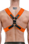 Male model seen from behind wearing a 2" wide ARMY OF MEN orange and black leather x-style harness with matte black hardware.