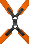 Overhead view of a 2" wide ARMY OF MEN COMMANDER X HARNESS - Orange with matte black hardware.