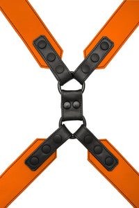 Overhead view of a 2" wide ARMY OF MEN COMMANDER X HARNESS - Orange with matte black hardware.