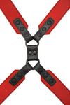 ARMY OF MEN red and black leather Chest harness with black rivets, snaps, and O-rings, laid flat and captured from above.