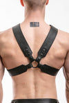 Back view of muscular model in a 2" wide ARMY OF MEN SERGEANT X HARNESS - Black with matte black snaps.