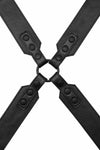 Overhead view of a 2" wide ARMY OF MEN SERGEANT X HARNESS - Black with matte black O-rings.
