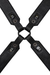 ARMY OF MEN SERGEANT X HARNESS - Black with matt black metal snaps, and O-rings, laid flat and displaying the lining leather.
