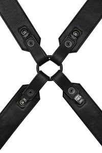 ARMY OF MEN SERGEANT X HARNESS - Black with matt black metal snaps, and O-rings, laid flat and displaying the lining leather.