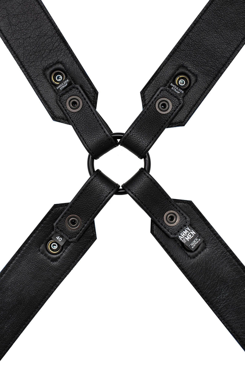 ARMY OF MEN SERGEANT X HARNESS - Black with matt black metal snaps, and O-rings, laid flat and displaying the lining leather.