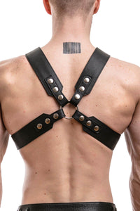 Rear view of chiselled model in a 2" wide ARMY OF MEN SERGEANT X HARNESS - Stainless Steel with stainless steel hardware.