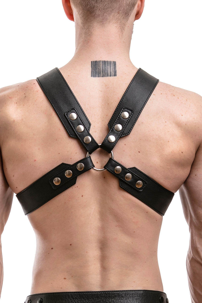 Rear view of chiselled model in a 2" wide ARMY OF MEN SERGEANT X HARNESS - Stainless Steel with stainless steel hardware.