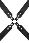 Overhead view of a 2" wide ARMY OF MEN SERGEANT X HARNESS - Stainless Steel with stainless steel snaps, and O-rings.