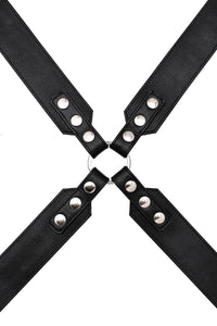 Overhead view of a 2" wide ARMY OF MEN SERGEANT X HARNESS - Stainless Steel with stainless steel snaps, and O-rings.