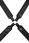 A 2" wide ARMY OF MEN black leather x-style harness with stainless steel hardware, displayed flat and showing the lining.