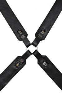 A 2" wide ARMY OF MEN black leather x-style harness with stainless steel hardware, displayed flat and showing the lining.
