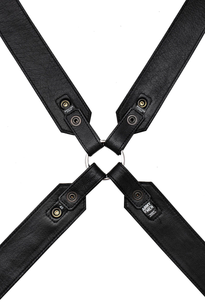 A 2" wide ARMY OF MEN black leather x-style harness with stainless steel hardware, displayed flat and showing the lining.