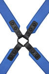 Flat lay view of a 2" wide ARMY OF MEN blue and black leather x-style harness with matte black hardware.