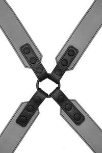 ARMY OF MEN 2" wide SERGEANT X HARNESS - Grey with matte black snaps, laid flat and viewed from above.