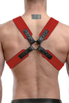 A ginger haired model seen from behind wearing a 2" wide ARMY OF MEN SERGEANT X HARNESS - Red with matte black hardware.