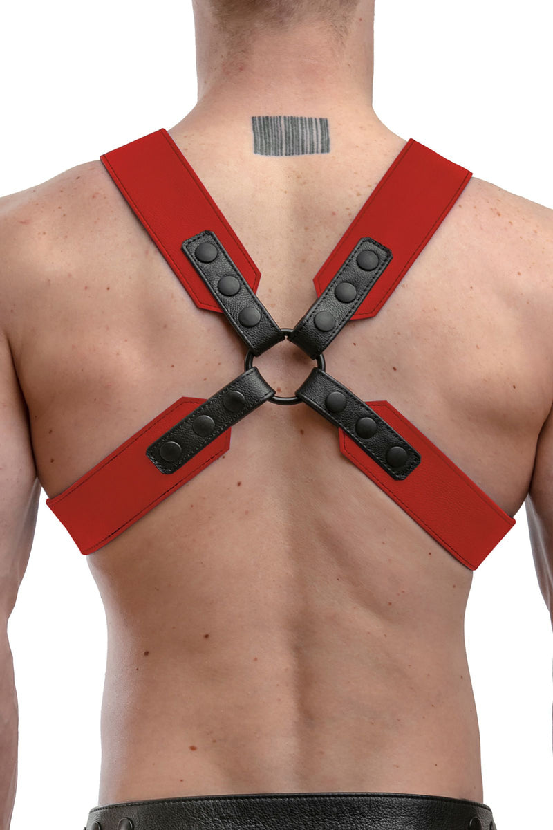A ginger haired model seen from behind wearing a 2" wide ARMY OF MEN SERGEANT X HARNESS - Red with matte black hardware.