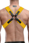 A muscular model wearing a 2" wide ARMY OF MEN SERGEANT X HARNESS - Yellow with matte black snaps, and O-rings, back view.