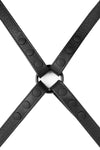 ARMY OF MEN 1" wide SHOULDER BUCKLE HARNESS - Black with matte black snaps, and O-ring, laid flat and captured from above.