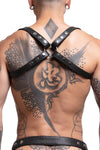 Back shot of male model wearing a 1" wide ARMY OF MEN SHOULDER BUCKLE HARNESS - Stainless Steel with stainless steel snaps.