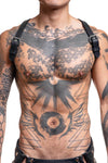 Front shot of tattooed model in a 1" wide SHOULDER BUCKLE HARNESS - Stainless Steel with stainless steel snaps, and O-ring.