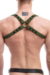 A chiselled model seen from behind wearing a 1" wide ARMY OF MEN army green leather harness with matte black O-ring.