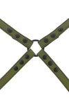 ARMY OF MEN 1" wide army green leather harness with matte black snaps, and O-ring, laid flat and viewed from above.