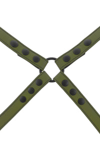 ARMY OF MEN 1" wide army green leather harness with matte black snaps, and O-ring, laid flat and viewed from above.