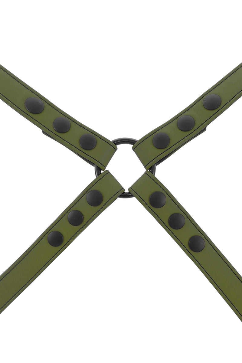 ARMY OF MEN 1" wide army green leather harness with matte black snaps, and O-ring, laid flat and viewed from above.