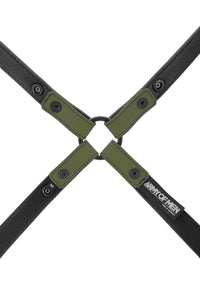 A 1" wide ARMY OF MEN army green leather shoulder harness with matte black O-ring, displayed flat and displaying the lining.
