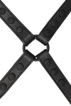 Flat lay view of a 1" wide ARMY OF MEN SHOULDER HARNESS - Black with matte black hardware.