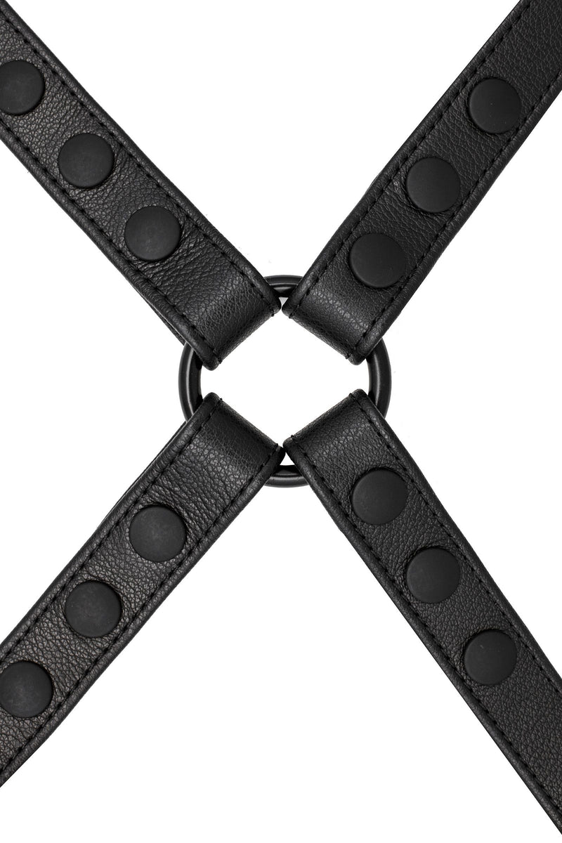 Flat lay view of a 1" wide ARMY OF MEN SHOULDER HARNESS - Black with matte black hardware.