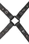 A 1" wide ARMY OF MEN black leather harness with matte black hardware, laid flat and showing the lining leather.