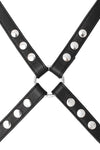 Flat lay view of a 1" wide ARMY OF MEN SHOULDER HARNESS - Stainless Steel with stainless steel snaps, and O-ring.