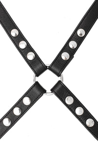 Flat lay view of a 1" wide ARMY OF MEN SHOULDER HARNESS - Stainless Steel with stainless steel snaps, and O-ring.