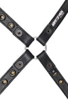 A 1" wide ARMY OF MEN black leather harness with stainless steel O-ring, displayed flat and revealing the lining leather.