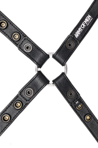 A 1" wide ARMY OF MEN black leather harness with stainless steel O-ring, displayed flat and revealing the lining leather.