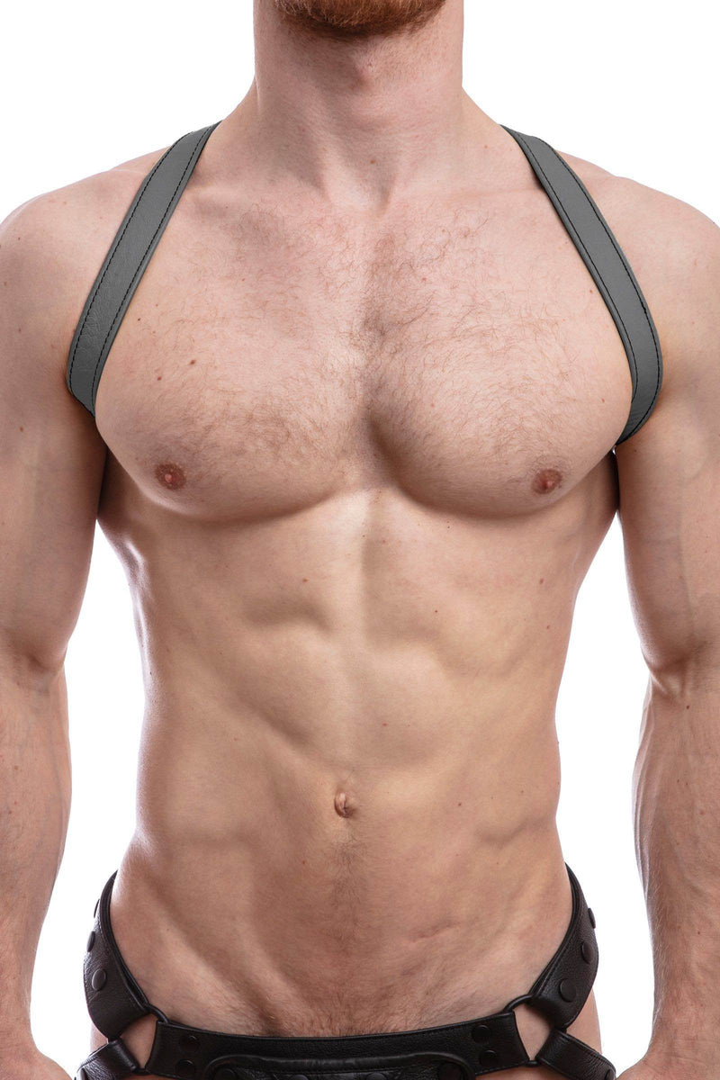 Male model in a 1" wide ARMY OF MEN SHOULDER HARNESS - Grey with matte black O-ring, front facing view.