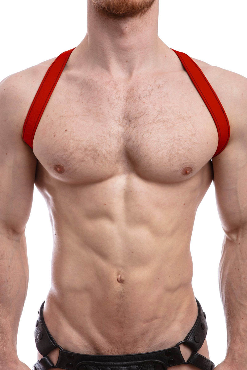A 1" wide ARMY OF MEN red leather shoulder harness with matte black O-ring, worn by a chiselled model.