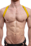 A 1" wide ARMY OF MEN yellow leather shoulder harness with matte black hardware, worn by a male model.