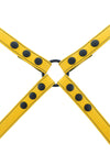 ARMY OF MEN 1" wide yellow leather harness with matte black hardware, laid flat and viewed from above.