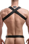 Rear view of male model wearing an ARMY OF MEN UNIVERSAL X HARNESS - Colours with black rivets, snaps, and D-rings.