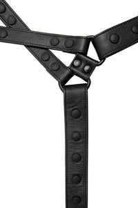 ARMY OF MEN  UNIVERSAL X HARNESS - Black with matte black hardware, laid flat and viewed from above.