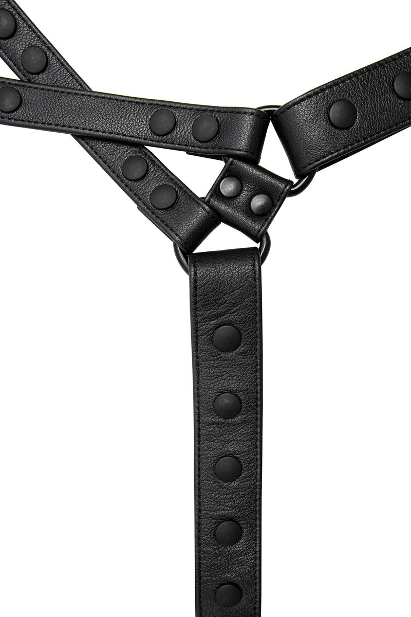 ARMY OF MEN  UNIVERSAL X HARNESS - Black with matte black hardware, laid flat and viewed from above.